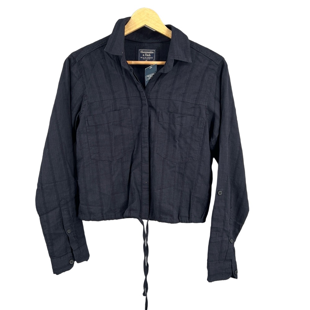 Abercrombie Shirt Navy Blue Button Up Lightweight Drawstring Waist Crop XS New